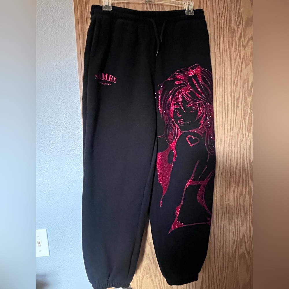 Y2K Bedazzled Rhinestone Anime Girl Warm Oversized Cotton Sweatpants Joggers M